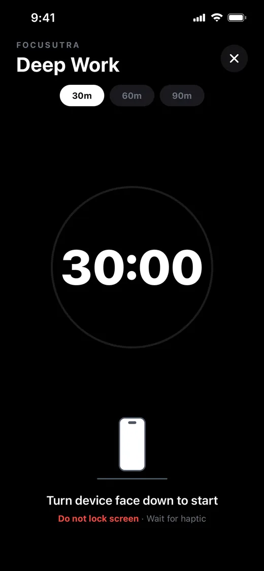Focusutra timer screen set to 30 minutes, with the hint: Turn device face down to start.